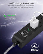 2 Pack Surge Protector Power Strip, 6 Outlets 4 USB Charging Ports, 12Ft Braided Extension Cord, Slim Flat Plug, Wall Mount, Desk Accessories, Home Office Essentials