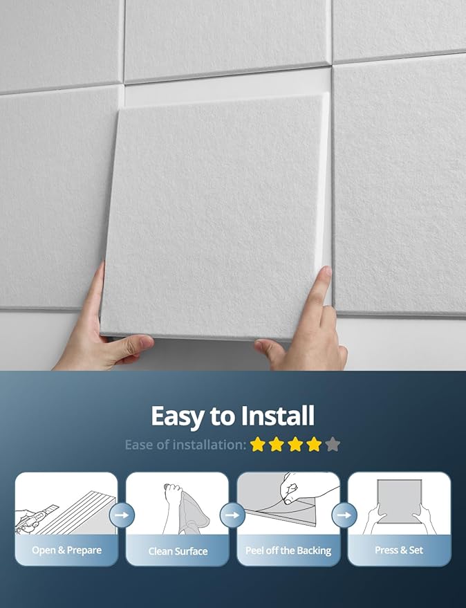 Square Acoustic Wall Panels, Sound Absorbing Panels for Walls, Ceiling, Doors, 12 Pack 12"x12"x0.4" Self Adhesive Decorative Beige Acoustic Tiles for Recording Studio, Office, Room, Home