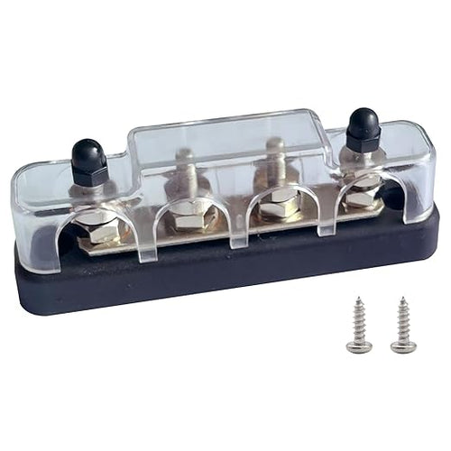 4 x #10 (M5) Studs Bus Bar, Ampper 4.2" Ground Distribution Block Brass Battery BusBar Junction with Cover for Auto Boat Amplifier and More (Black)