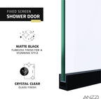 ANZZI 74 X 34 Inch Frameless Fixed Glass Shower Screen Shower Door in Matte Black | Screen Water Repellent Clear Tempered Glass Single Panel for Shower Room | Glass Screen Frame Hardware Complete Kit