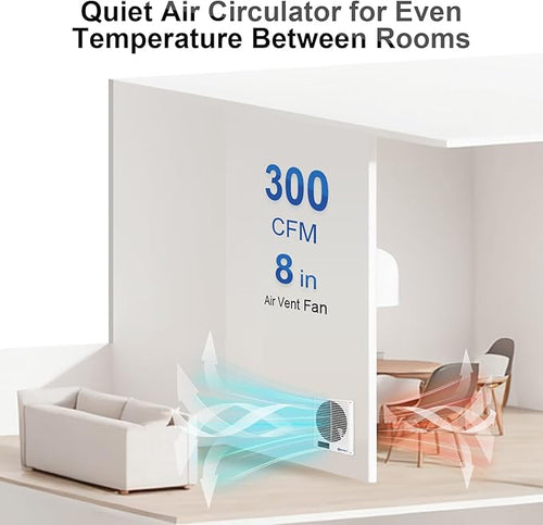 8" Room to Room Air Transfer Fan for Quietly Circulating Air, Reversible Airflow Design, 300 CFM Programmable Through Wall Fan, Durable Build Quality, 10 Speed Thru Wall Exhaust Fan for Closet,Laundry