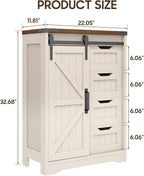 Farmhouse Bathroom Storage Cabinet, Bathroom Cabinet with 4 Drawers and Sliding Door, Farmhouse Floor Storage Organizer for Kitchen, Living Room, Rustic Style, White