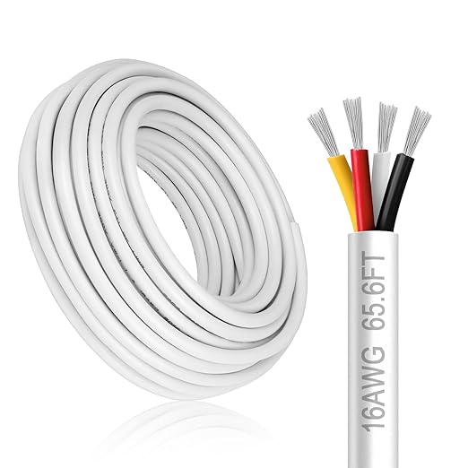 16 Gauge 4 Conductor Electrical Wire, 65.6FT White Stranded Low Voltage 16/4 PVC Case, 16 AWG Tinned Copper 4 Wire Extension Power for Strips LED Lamp Lighting