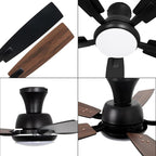 revoici Ceiling Fans with Lights, 52 Inch Black and Brown Wood Ceiling Fan, 6 Speed and Reversible DC Motor, Modern 5 Blade Low Profile Flush Mount Ceiling Fan for Living Room, Outdoor Patio