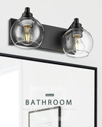 METWET Bathroom Light Fixtures, 2 Light Matte Black Vanity Light, Modern Wall Sconces with Clear Glass Globe Shade, Bathroom Wall Lights Over Mirror Kitchen Bedroom Hallway, VL195-MB-2
