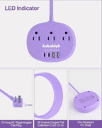 Purple Extension Cord - 10 FT Flat Extension Cord, 1625W Cute Extension Cord with 3 AC Outlet 4 USB (24W/4.8A), Compact for Cute Purple Kawaii Lavender Desk Accessories