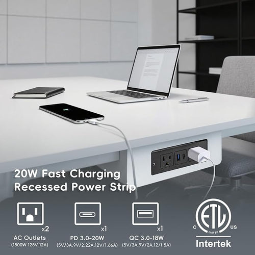 2 Pack 20W Recessed Power Strips USB, 2 AC + 1 USB-C + 1 USB-A, 6ft Cord, Space Saving Furniture Outlets for Desk/Bedside/Drawer (18W USB-A & 20W USB-C Fast Charge)