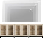 WAMPAT Modern TV Stand with Glass Doors for 110 inch TVs, 3 in 1 Entertainment Center Console with Adjustable Shelves and Metal Base for Living Room, Bedroom, Light Oak
