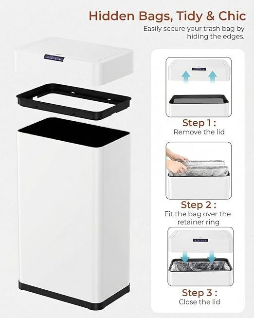 TLSUNNY 16 Gallon Motion Sensor Trash Can,Touchless Automatic Garbage Can,Brushed Stainless Steel Smart Bin,with Bag Holder,Soft Close Lid,for Kitchen,Office,RV,Bedroom,Living Room (White, 60L)