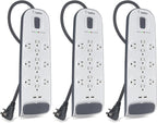 Belkin 12-Outlet USB Power Strip Surge Protector, Flat Plug, 6ft Cord (3,996 Joules), White - Pack of 3