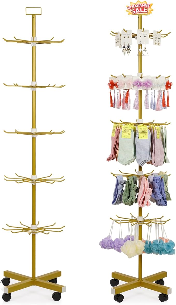 Exttlliy Retail Display Stand 5 Tier Metal Spinning Display Rack with Wheels Keychain Jewelry Stocking Hat Display Stand with Hooks for Malls, Showroom, Retail Store (Gold)