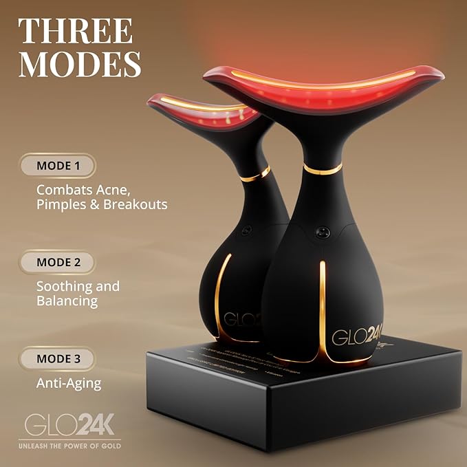 GLO24K Red Light Beauty Device for Face & Neck – 2-Pack, 3-in-1 Facial and Neck Massager with Triple LED & Vibration Technology