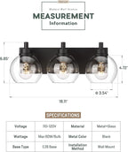 METWET Bathroom Light Fixtures, 3-Light Matte Black Vanity Light, Modern Wall Sconces with Clear Glass Globe Shade, Bathroom Wall Lights for Mirror Kitchen Bedroom Hallway, VL195-MB-3
