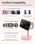 3 in 1 Wireless Charging Station for Apple, 15W Fast Magnetic Charger Stand Wireless Nightstand for Bedrooms, iPhone 17 16 15 14 13 12 Series, Apple Watch, Airpods, Women Gifts (No AC Adapter) Pink