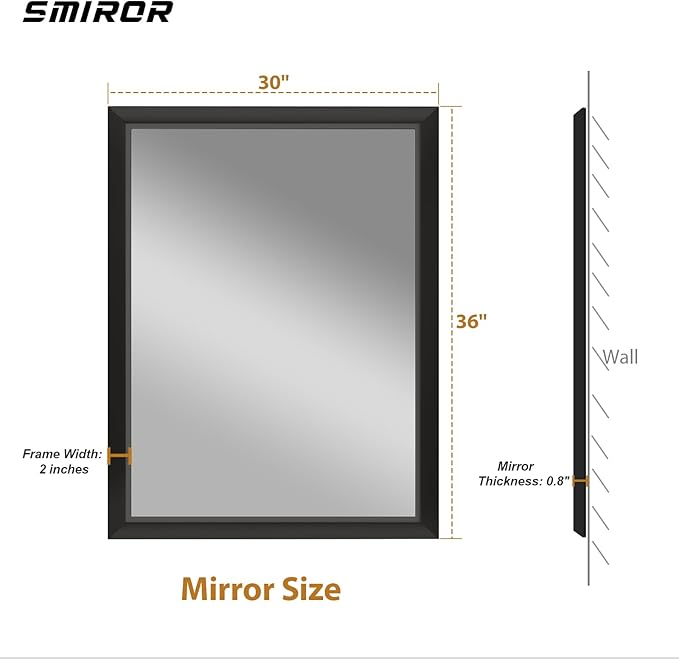 SMIROR Matte Black Bathroom Mirror for Over Sink 36x 30 inch, Metal Thick Frame Rectangle Vanity Mirror for Wall, Anti-Rust, Horizontally or Vertically Mounted