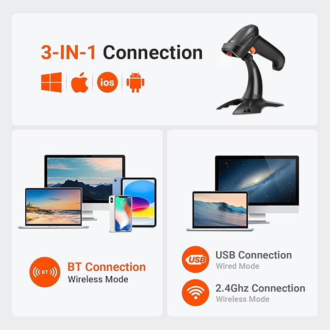 Tera Barcode Scanner Wireless 1D 2D QR with Stand: Battery Level Indicator 3 in 1 Works with Bluetooth 2.4G Wireless USB Wired Handheld Bar Code Reader with Vibration Alert HW0002 Black