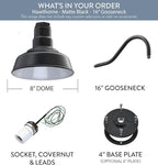 Steel Lighting Co. Hawthorne Barn Light | Outdoor Wall Mounted | 8 inch Dome | 16 inch Gooseneck| Small Farmhouse Light Made in America | Matte Black Exterior/White Interior