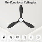 ocioc 42 inch Ceiling Fans with Lights and Remote, Dimmable Ceiling Fans with Reversible Quiet DC Motor, Flush Mount, 3CCT, Black Ceiling Fan for Bedroom Living Room Indoor/Outdoor