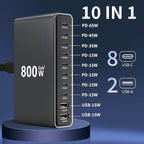 800W USB-C Charging Station GaN III 10-Port & 6.6ft 240W Cable, Compatible with iPhone, ipad, Samsung, Pixel, MacBook and Notebook etc.
