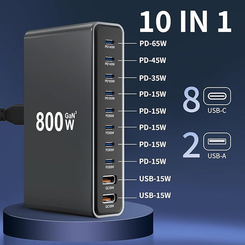 800W USB-C Charging Station GaN III 10-Port & 6.6ft 240W Cable, Compatible with iPhone, ipad, Samsung, Pixel, MacBook and Notebook etc.