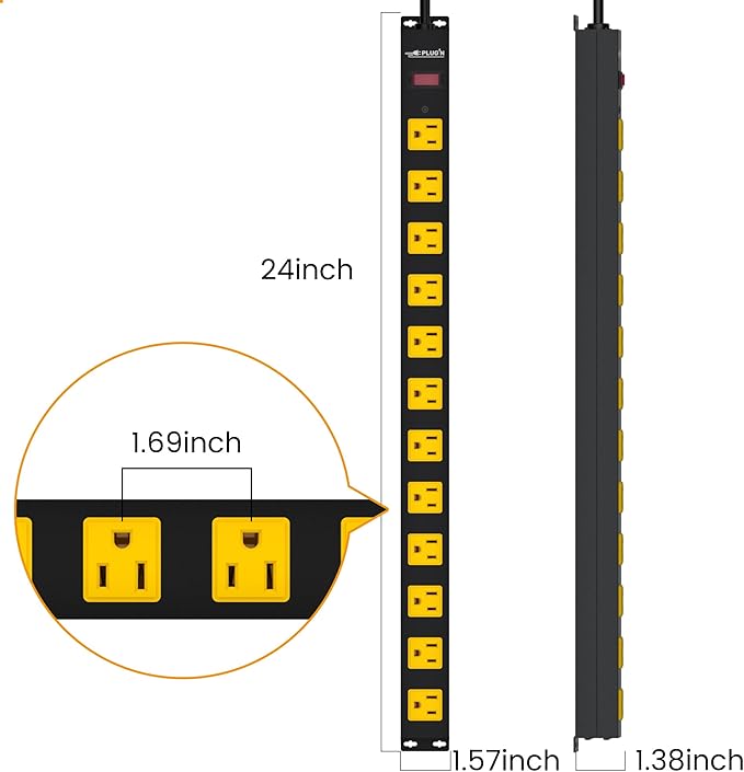 12 Outlet Long Power Strip, 2100 Joules Surge Protector, 6FT Power Cord, Wide Spaced Outlet Power Bar, Overload Protection Switch, Industrial Heavy Duty for Work Bench, Shop, Garage, 2 Pack…