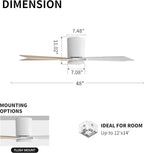 WINGBO 48" DC Flush Mount Ceiling Fan with Lights, 6-Speed Reversible DC Motor, 3CCT, Low Profile Hugger Ceiling Fan for Living Room Bedroom Kitchen, White Finish and White/Oak Blades