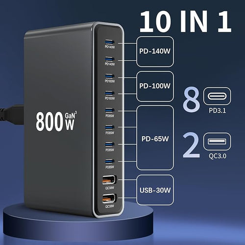 800W GaN3 10-Port USB-C Charging Station - Fast Charger for Laptops, Tablets, Smartphones, and More (Black)