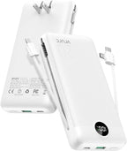 VRURC Power Bank 20000mAh, Fast Charging Portable Charger USB C,4 Output 2 Input Travel Essentials Charging Bank Equipped with LED Display,Built-in Wall Plug and Cables,Phone Charger Battery,White