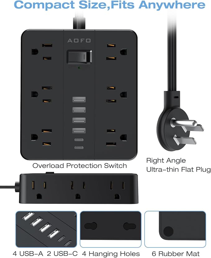 AOFO 20FT Surge Protector Power Strip,12 AC Outlets with 6 USB Ports (2 USB-C), Flat Plug Extension Cord with Multiple Outlets, Wall Mount for Home Office,Dorm,Black