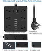 AOFO 15FT Surge Protector Power Strip,12 AC Outlets with 6 USB Ports (2 USB-C), Flat Plug Extension Cord with Multiple Outlets, Wall Mount for Home Office,Dorm, Black