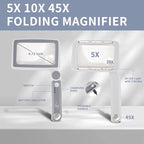 Magnifying Glass with Light, 5X 10X 45X Rechargeable Magnifier with 20 LED, 3 Light Modes Folding Lighted Magnifying Glass Handheld for Seniors Low Vision Reading (Gray & White)