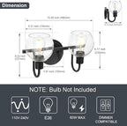 WINSHEN Black 2-Lights Wall Sconce Lighting with Seeded Glass Lampshades Industrial Bathroom Vanity Light Fixtures for Hallway Kitchen Bedroom