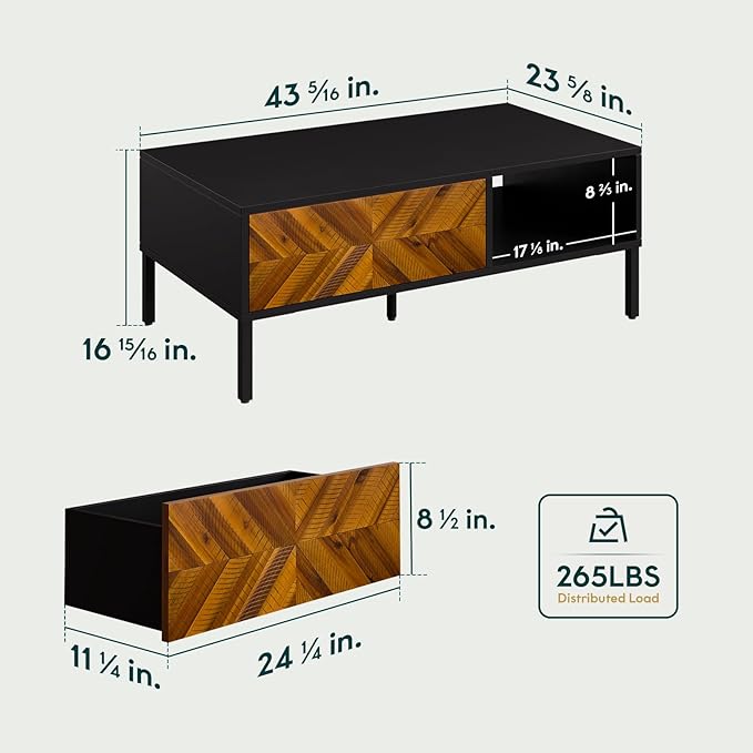 Bme Vivian Coffee Table, Solid Acacia Wood Living Room Center Table, Rustic Golden Brown Mid Century Modern Rectangular Coffee Table with Metal Legs, Sturdy Wooden Table for Home Décor