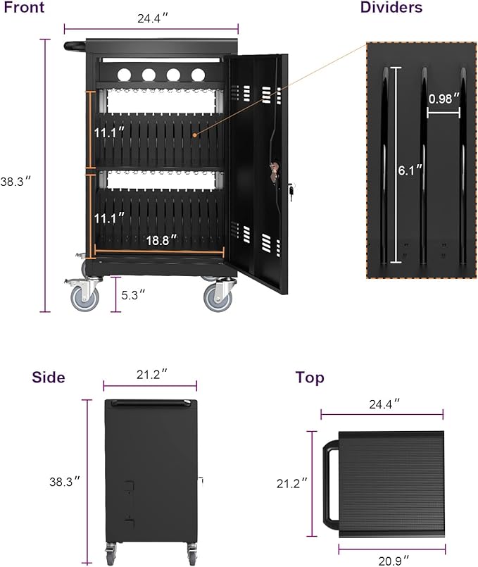 30-Device Mobile Charging Cart with Power Strip, Locks, Cable Management, Up to 16.3" Safe Charging Cabinet for Chromebooks, Tablets, Laptops. White with Code Lock