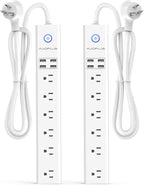2 Pack Surge Protector Power Strip - 10FT Long Extension Cord with Multiple Outlets, 6 Widely Outlets 4 USB Charging Ports, Flat Plug Overload Surge Protection, Wall Mount for Home, Office ETL Listed