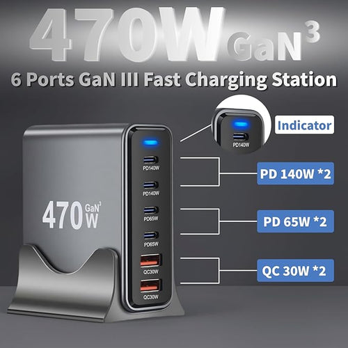470W USB C Fast Charger Block, 6 Ports GaN III USB Chagring Station, Dual 140W PD PPS HUB for Multiple Devices, Laptop Adapter Compatible with MacBook Pro/Air iPad iPhone Pro Max, Galaxy, Dell, HP