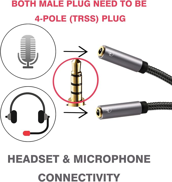 DUKABEL Long Headphone Splitter (4ft / 1.2m) Shielded 4-Pole TRRS 3.5 Y Splitter Cable 2-Way Female to Male Headphone Adapter Stereo Audio/Crystal-Nylon Braided / 24K Gold Plated / 99.99% 4N OFC