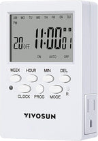 VIVOSUN Digital Timer Outlet 7 Day Programmable Digital Outlet Timer with 2 Independent Outlets 3 Prong, 20 on/Off Programs Groups, Countdown Setting, Indoor for Light Lamp, Fan（1Pack）