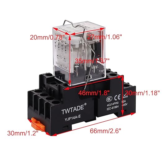 TWTADE/DC 24V Relay 5A Electromagnetic Power Coil Relay 14 Pins 4PDT 4NO+4NC HH54P MY4J with Indicator Light & Socket Base -YJ4N-GS