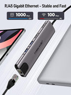 Aluminum Docking Station USB-C Hub with 2 HDMI, Gigabit Ethernet, 4 USB A, USB-C 3.0, PD 100W, SD/TF, 1000Mbps RJ45 LAN Dock Adapter for MacBook Docking Station Laptop, Supports 2 Monitor