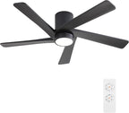 WINGBO 48 Inch Flush Mount DC Ceiling Fan with Lights and Remote, 5 Reversible Carved Wood Blades, 6-Speed Noiseless DC Motor, Hugger Ceiling Fan in Black Finish, Low Profile Ceiling Fans, ETL Listed