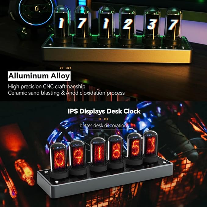 Adventurers IPS Nixie Tube Clock, Creative Electronic DIY Nixie Tube Clock Simulation with 6-Bit IPS LCD Screen,12/24 Hours, RGB Backlit Desktop Decoration,Gifts for Decorating Rooms and Desks