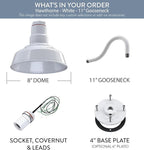 Steel Lighting Co. Hawthorne Barn Light | Outdoor Wall Mounted | 8 inch Dome | 11 inch Gooseneck| Small Farmhouse Light Made in America | White Exterior/White Interior