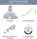 Steel Lighting Co. Hawthorne Barn Light | Outdoor Wall Mounted | 8 inch Dome | 23 inch Gooseneck| Small Farmhouse Light Made in America | White Exterior/White Interior