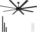 WINGBO 80 Inch Industrial Ceiling Fan without Light, 8 Aluminum Blades Ceiling Fan No Light, 6-Speed Reversible Noiseless DC Motor for Kitchen Bedroom Living Room, Matte Black