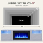 YISUFO 80” TV Stand with 36” Electric Fireplace, Large Modern Media Entertainment Center with Storage Cabinet and 12 Colors LED Lights for TVs Up to 90",Grey and Black