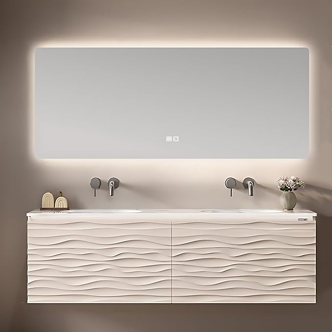 56IN Bathroom Vanity - Smart Defogging Mirror Cabinet | Waterproofing Technology & Wave Shaped Door Panel, Floating Bathroom Vanities with Large Storage Space (Mirror)
