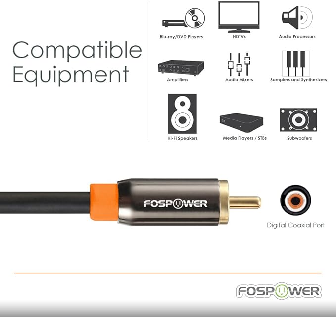 FosPower Digital Audio Coaxial Cable [24K Gold Plated Connectors] Premium S/PDIF RCA Male to RCA Male for Home Theater, HDTV, Subwoofer, Hi-Fi Systems - 10ft/2Pack