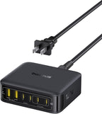 Baseus Charging Station 120W, 6-in-1 USB-C PD Fast Charging Desktop Charger with 5ft Extension Cord, 4 USB C, 2 USB A Ports, Travel Power Strip for iPhone 17/16, iPad Pro, MacBook Pro, Tablet and More