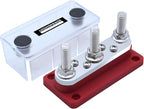 AMOMD 300A Bus Bar 3 Terminal Studs (3/8 inch) M10 4x8#-32 Screws Nickel Plated Copper Distribution Block Negative Electrical Buss Bars 12-48 V DC with Cover for Trailer Marine Boat Car RV (Red)